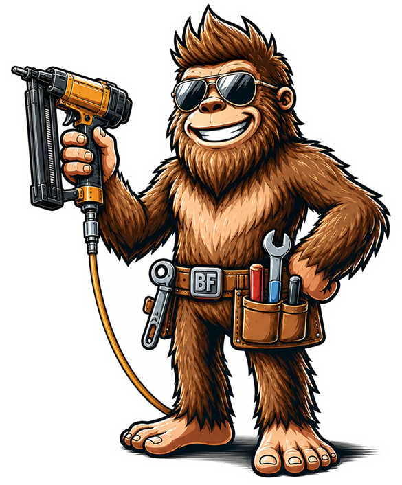 Bigfoot Handyman mascot in sunglasses holding a nail gun and wearing a tool belt